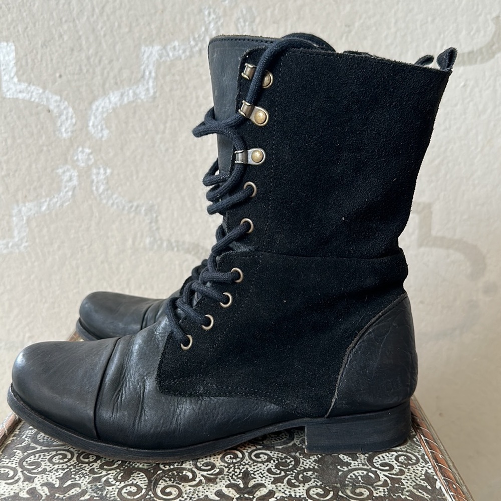 DIESEL Black Leather Suede Lace Up Zip Combat Boots 36